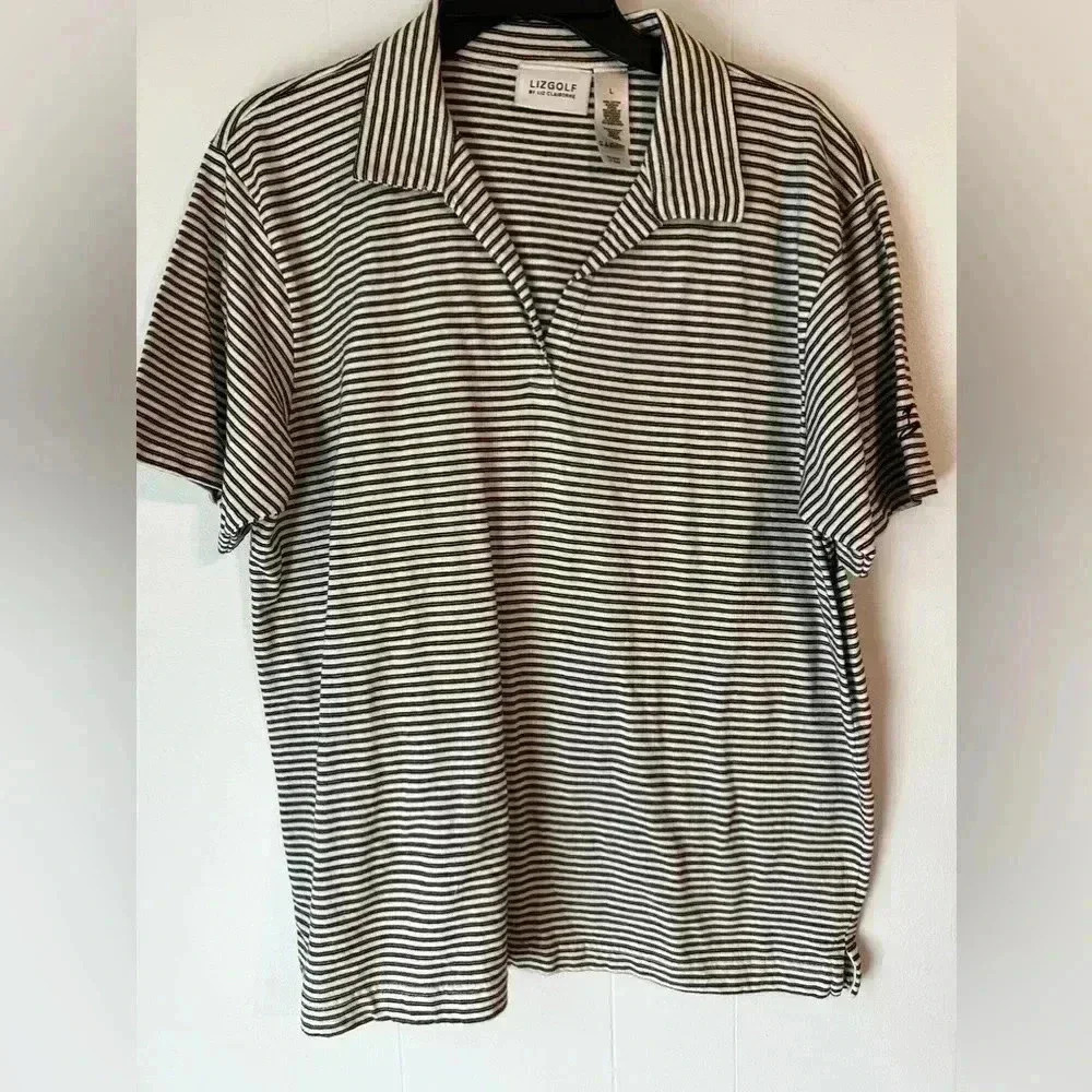Women size large Liz‎ golf by Liz Claiborne black striped short sleeve shirt.